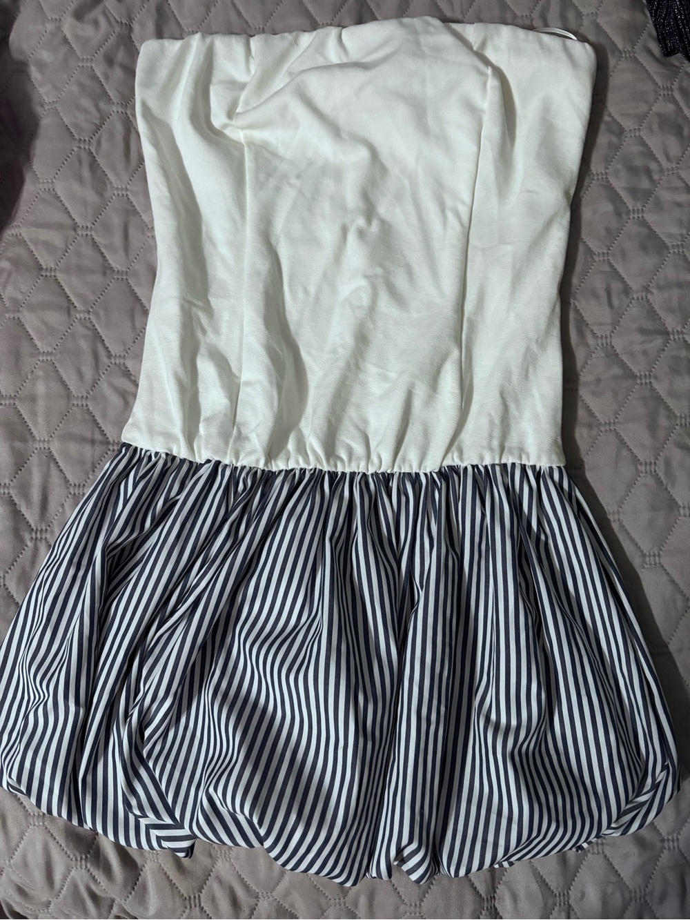 Kali Fashion White Strapless Dress with Navy Stripe Skirt